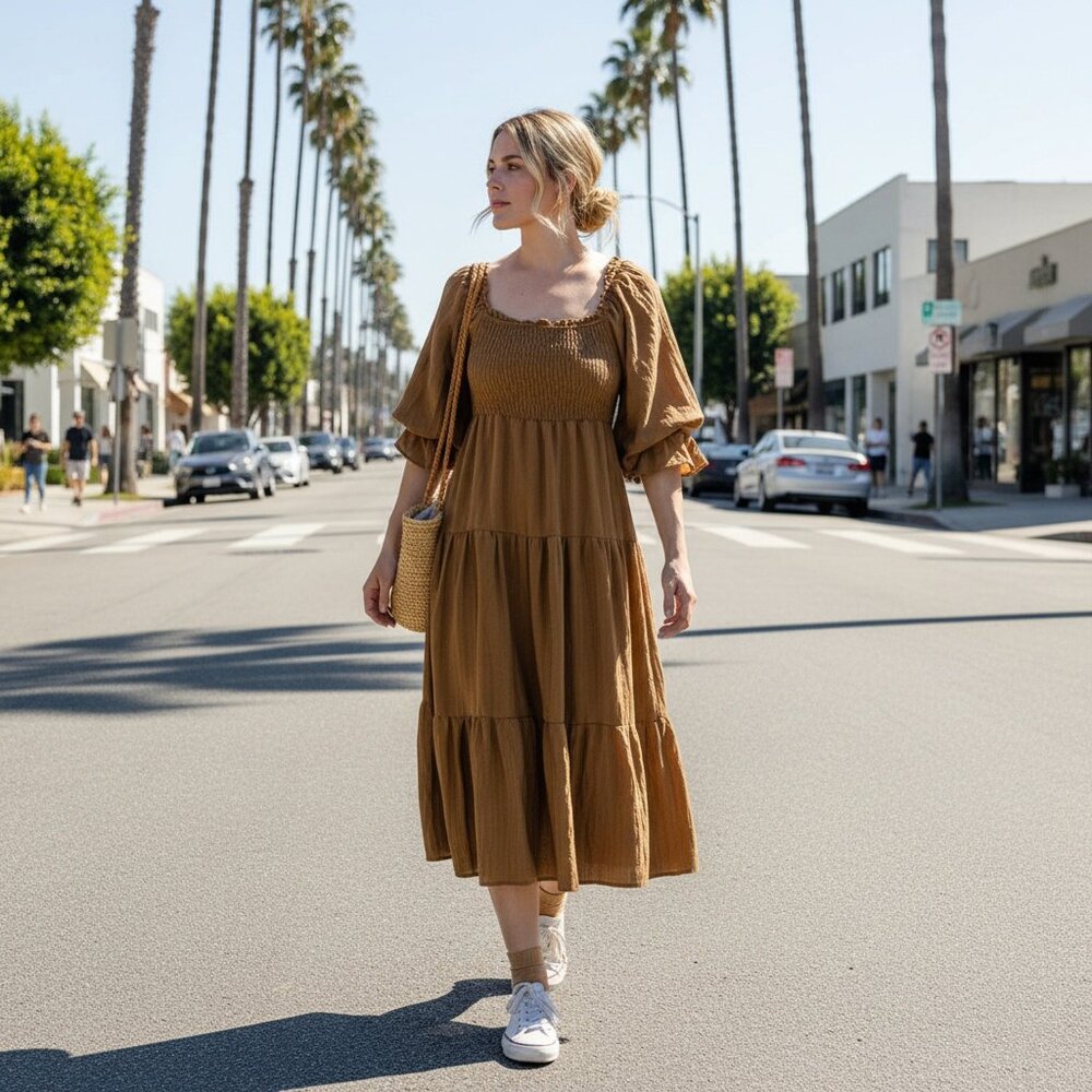 Smocked midi dress - boho chic, effortless long dress, vacation dress